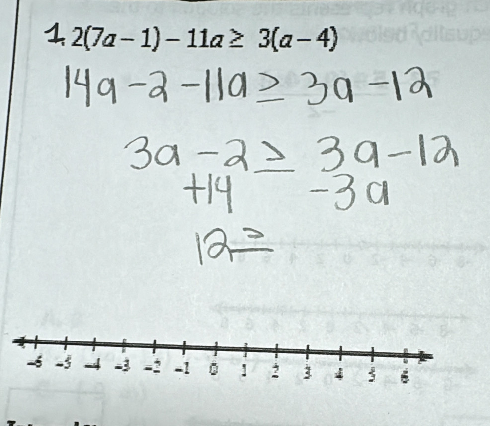 2(7a-1)-11a≥ 3(a-4)