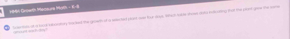 HMH Growth Measure Math - K-8 
Scientists at a locol laboratory bracked the growth of a selected plont over four days. Which sable shows dota indlicuring that the plant gree the same amount each day ?