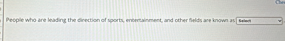 Che 
People who are leading the direction of sports, entertainment, and other fields are known as Select