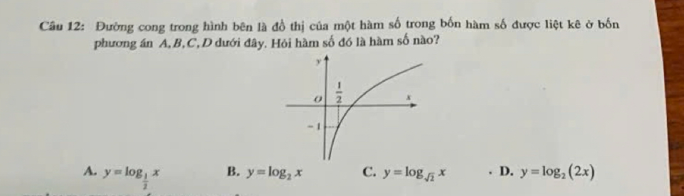 Đường cong trong hình bên là đồ thị của một hàm số trong bốn hàm số được liệt kê ở bốn
phương án A, B, C, D dưới đây. Hỏi hàm số đó là hàm số nào?
A. y=log _ 1/2 x
B. y=log _2x C. y=log _sqrt(2)x D. y=log _2(2x)