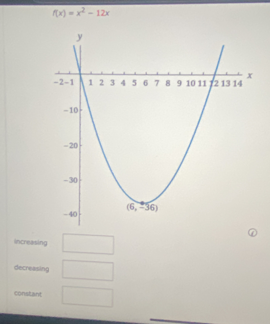 f(x)=x^2-12x
increasing
decreasing
constant