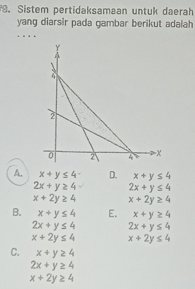 Sistem pertidaksamaan untuk daerah
yang diarsir pada gambar berikut adalah 
_
A. x+y≤ 4 D. x+y≤ 4
2x+y≥ 4
2x+y≤ 4
x+2y≥ 4
x+2y≥ 4
B. x+y≤ 4 E. x+y≥ 4
2x+y≤ 4
2x+y≤ 4
x+2y≤ 4
x+2y≤ 4
C. x+y≥ 4
2x+y≥ 4
x+2y≥ 4