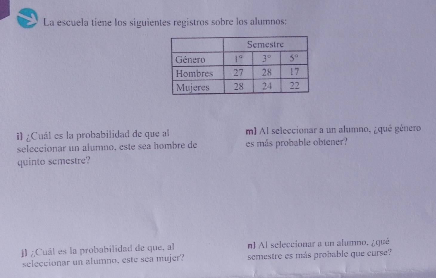 La escuela tiene los siguientes registros sobre los alumnos:
il ¿Cuál es la probabilidad de que al m) Al seleccionar a un alumno, ¿qué género
seleccionar un alumno, este sea hombre de es más probable obtener?
quinto semestre?
jl ¿Cuál es la probabilidad de que, al n Al seleccionar a un alumno, ¿qué
seleccionar un alumno, este sea mujer? semestre es más probable que curse?