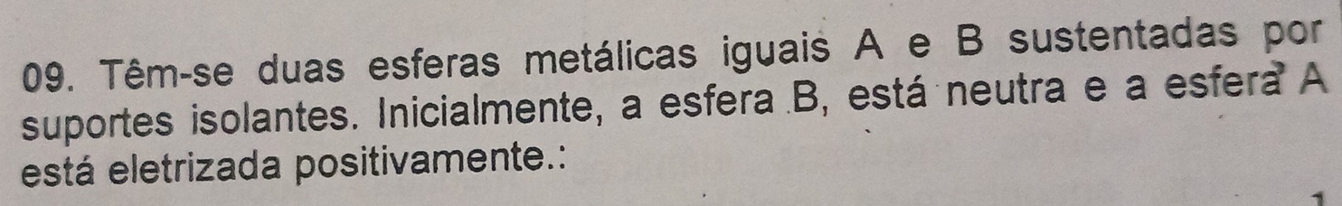 Têm-se duas esferas metálicas iguais A e B sustentadas por 
suportes isolantes. Inicialmente, a esfera B, está neutra e a esfera A 
está eletrizada positivamente.: 
1