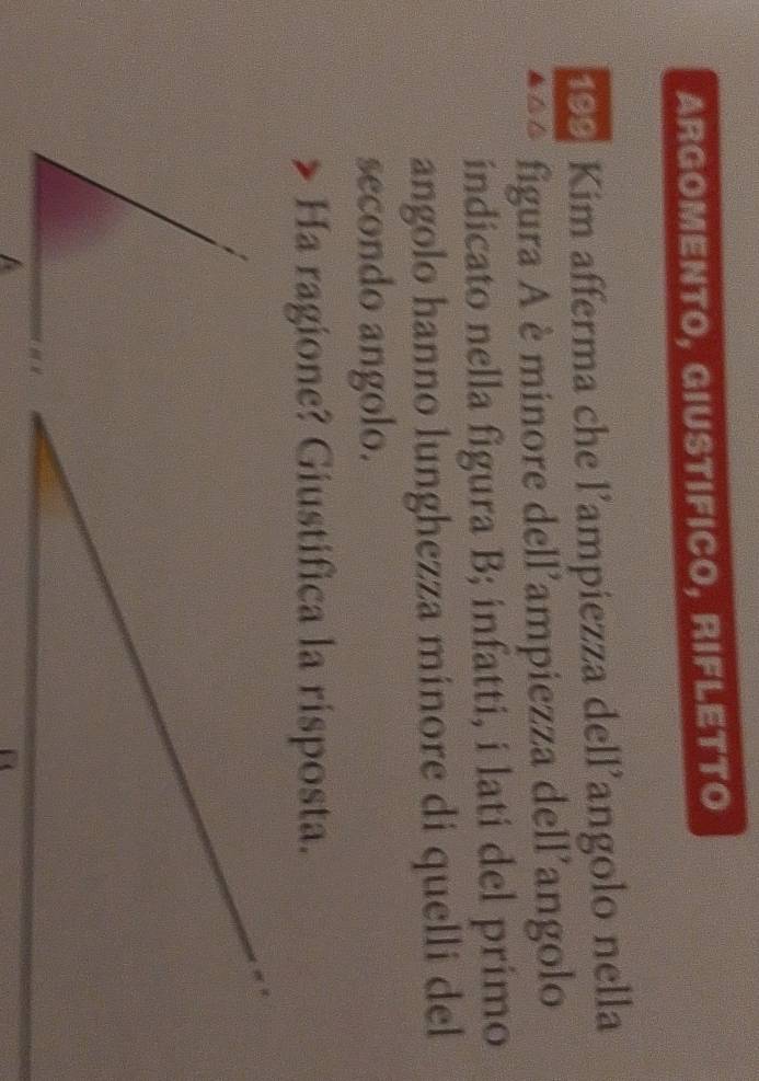 ARGOMENTO, GIUSTIFICO, RIFLETTO 
199 Kim afferma che l’ampiezza dell’angolo nella 
figura A è minore dell'ampiezza dell’angolo 
indicato nella figura B; infatti, i lati del primo 
angolo hanno lunghezza minore di quelli del 
secondo angolo. 
Ha ragione? Giustifica la risposta.