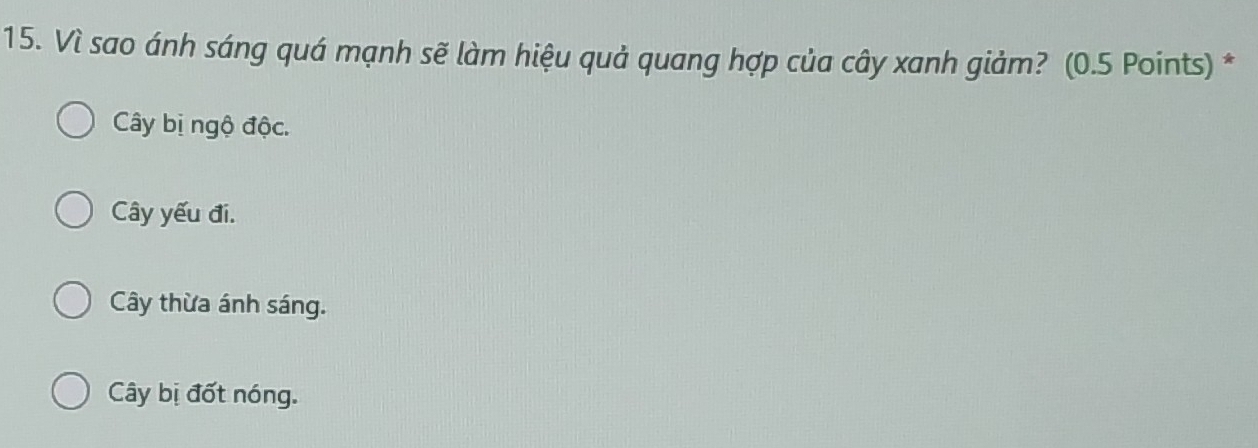 Vì sao ánh sáng quá mạnh sẽ làm hiệu quả quang hợp của cây xanh giảm? (0.5 Points) *
Cây bị ngộ độc.
Cây yếu đi.
Cây thừa ánh sáng.
Cây bị đốt nóng.