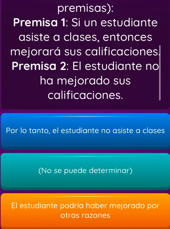 premisas):
Premisa 1: Si un estudiante
asiste a clases, entonces
mejorará sus calificaciones.
Premisa 2: El estudiante no
ha mejorado sus
calificaciones.
Por lo tanto, el estudiante no asiste a clases
(No se puede determinar)
El estudiante podría haber mejorado por
otras razones