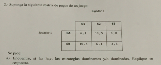 2.- Suponga la siguiente matriz de pagos de un juego: 
Jugador 2 
Jugador 1 
Se pide: 
a) Encuentre, si las hay, las estrategias dominantes y/o dominadas. Explique su 
respuesta.