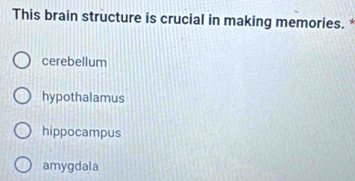 This brain structure is crucial in making memories. *
cerebellum
hypothalamus
hippocampus
amygdala