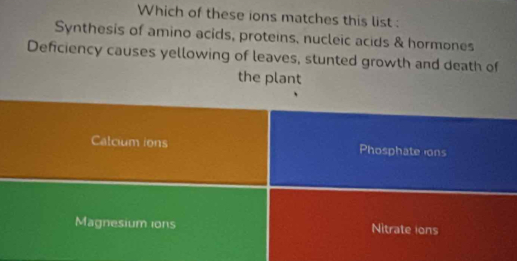 Which of these ions matches this list :
Synthesis of amino acids, proteins, nucleic acids & hormones
Deficiency causes yellowing of leaves, stunted growth and death of
the plant
Calcium ions Phosphate ions
Magnesium ions Nitrate ions