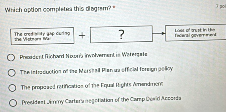 Which option completes this diagram? *
7 poi
?
The credibility gap during + Loss of trust in the
the Vietnam War federal government
President Richard Nixon's involvement in Watergate
The introduction of the Marshall Plan as official foreign policy
The proposed ratification of the Equal Rights Amendment
President Jimmy Carter's negotiation of the Camp David Accords