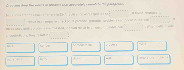 Drag and drop the words or phrases that accurately complete the paragraph.
Mutations are the result of errors in DNA replication and exposure to . If these changes to
result in changes in checkpoint proteins, potential problems can occur in the cell . If
these checkpoint proteins are mutated, it could result in an uncontrollable cell . When cells divide
uncontrollably, they result in
RNA cancer homeostasis process cycle
mutagens DNA division wall regulatory proteins