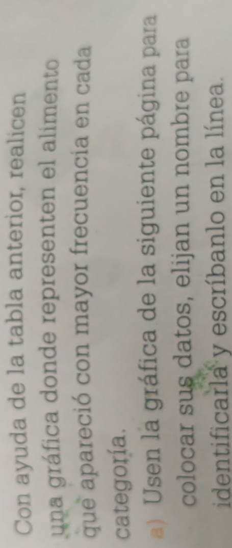 Con ayuda de la tabla anterior, realicen 
una gráfica donde representen el alimento 
que apareció con mayor frecuencia en cada 
categoría. 
a) Usen la gráfica de la siguiente página para 
colocar sus datos, elijan un nombre para 
identificarla y escríbanlo en la línea.