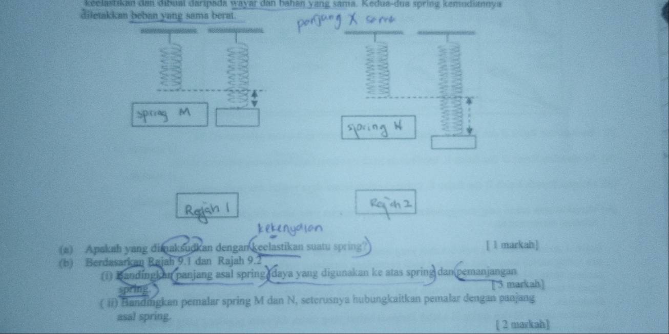 keelastikan dan dibuai daripada wayar dan bahan yang sama. Kedua-dua spring kemudumnya 
diletakkan beban yang sama berat. 
ke 
(a) Apakah yang dimaksudkan dengan keelastikan suatu spring [ l markah] 
(b) Berdasarkan Rajah 9.1 dan Rajah 9.2 
(i) Bandingkan panjang asal spring daya yang digunakan ke atas spring dan pemanjangan 
spring [ 3 markah] 
( ii) Bandmgkan pemalar spring M dan N, seterusnya hubungkaitkan pemalar dengan panjang 
asal spring. 
[ 2 markah]