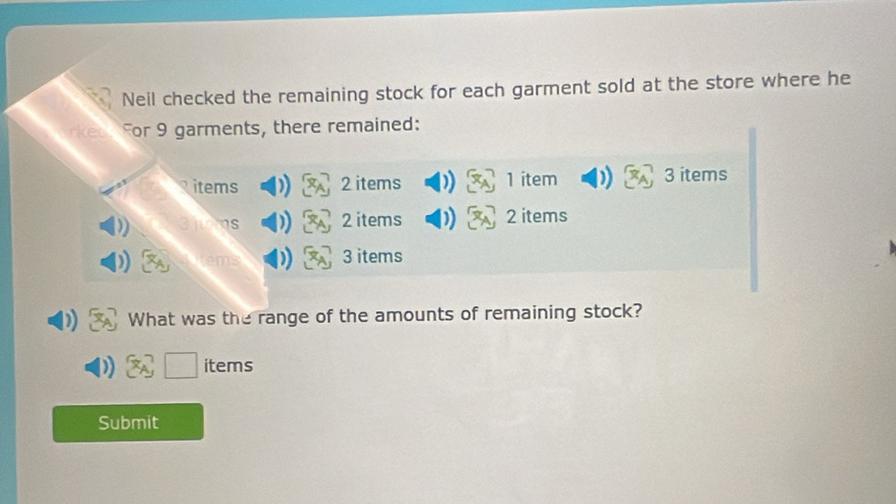 Neil checked the remaining stock for each garment sold at the store where he 
For 9 garments, there remained: 
items ) 2 items ) 1 item ) 3 items 
as ) 2 items 2 items 
) 3 items 
What was the range of the amounts of remaining stock? 
items 
Submit