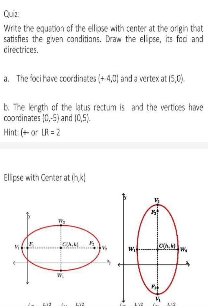 Write the equation of the ellipse with center at the origin that
satisfies the given conditions. Draw the ellipse, its foci and
directrices.
a. The foci have coordinates (+-4,0) and a vertex at (5,0).
b. The length of the latus rectum is and the vertices have
coordinates (0,-5) and (0,5).
Hint: (+-or LR=2
Ellipse with Center at (h,k)
y V_2
F_2
W_1 C(h,k) W_2
F_1
V_1
L2 1.2
12