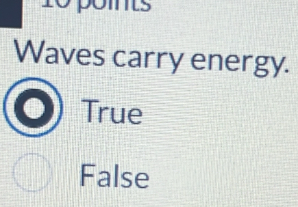 pomts
Waves carry energy.
True
False