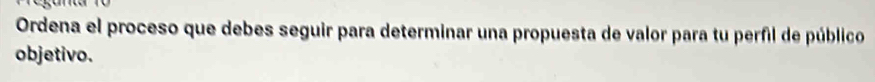 Ordena el proceso que debes seguir para determinar una propuesta de valor para tu perfil de público 
objetivo.