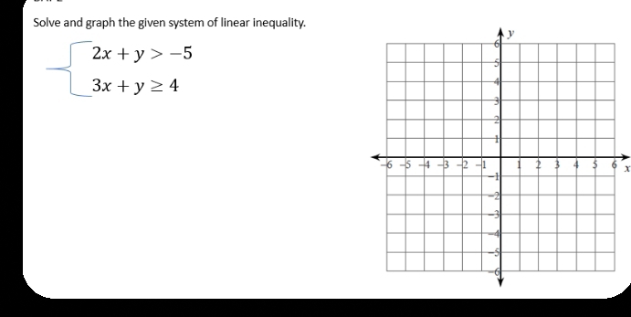 Solve and graph the given system of linear inequality.
beginarrayl 2x+y>-5 3x+y≥ 4endarray.
x