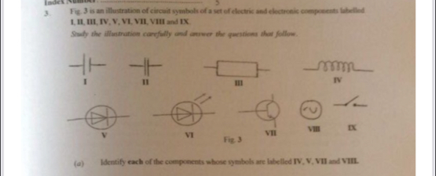 Indet Aao 
_ 
5 
3. Fig. 3 is an illustration of circuit symbols of a set of electric and electronic components labelled 
I, II, III, IV, V, VI, VII, VIII and IX. 
Study the illustration carefully and answer the questions that follow. 
_ 
_ 
I III 
IV 
_ 
VII VI IX 
VI Fig. 3 
(a) ldentify each of the components whose symbols are labelled IV, V, VII and VIII.