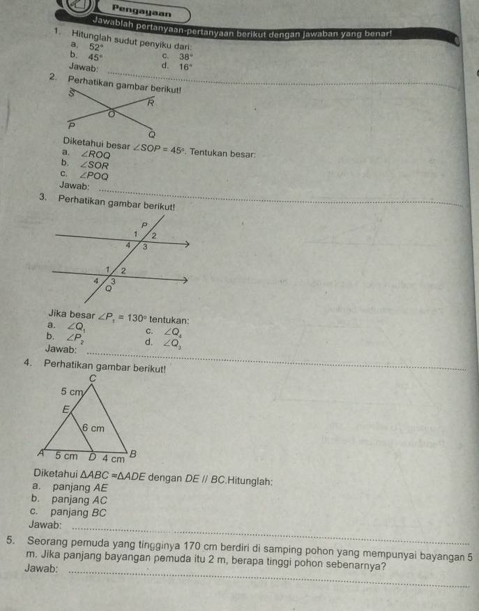 Pengayaan 
Jawablah pertanyaan-pertanyaan berikut dengan jawaban yang benar! 
1. Hitunglah sudut penyiku dari: 
a. 52°
b. 45° C. 38°
Jawab: d. 16°
_ 
Diketahui besar 
a. ∠ ROQ ∠ SOP=45°. Tentukan besar: 
b. ∠ SOR
C. ∠ POQ
_ 
Jawab: 
3. Perhatikan gambar berikut! 
Jika besar ∠ P_1=130° tentukan: 
a. ∠ Q_1 C. ∠ Q_4
_ 
b. ∠ P_2 d. ∠ Q_3
Jawab: 
4. Perhatikan gambar berikut! 
Diketahui △ ABCapprox △ ADE dengan DE//BC Hitunglah: 
a. panjang AE
b. panjang AC
c. panjang BC
Jawab: 
_ 
5. Seorang pemuda yang tingginya 170 cm berdiri di samping pohon yang mempunyai bayangan 5
m. Jika panjang bayangan pemuda itu 2 m, berapa tinggi pohon sebenarnya? 
Jawab:_