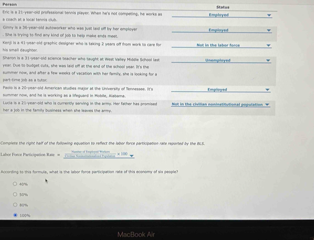 Person Status
Eric is a 21-year-old professional tennis player. When he's not competing, he works as
a coach at a local tennis club. Employed
Ginny is a 36-year-old autoworker who was just laid off by her employer Employed
. She is trying to find any kind of job to help make ends meet.
Kenji is a 41-year-old graphic designer who is taking 2 years off from work to care for Not in the labor force
his small daughter.
Sharon is a 31-year -old science teacher who taught at West Valley Middle School last Unemployed
year. Due to budget cuts, she was laid off at the end of the school year. It's the
summer now, and after a few weeks of vacation with her family, she is looking for a
part-time job as a tutor.
Paolo is a 20-year-old American studies major at the University of Tennessee. It's Employed
summer now, and he is working as a lifeguard in Mobile, Alabama.
Lucia is a 21-year-old who is currently serving in the army. Her father has promised Not in the civilian noninstitutional population v
her a job in the family business when she leaves the army.
Complete the right half of the following equation to reflect the labor force participation rate reported by the BLS.
Labor Force Participation Rate = Crrcias Nocinstinationalined Population * 100 Number of Employed Worken
According to this formula, what is the labor force participation rate of this economy of six people?
40%
50%
80%
100%
MacBook Air