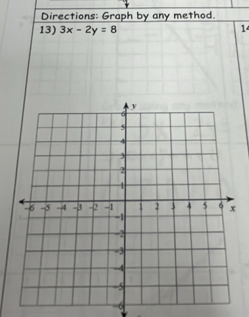 Directions: Graph by any method. 
13) 3x-2y=8 1
-6