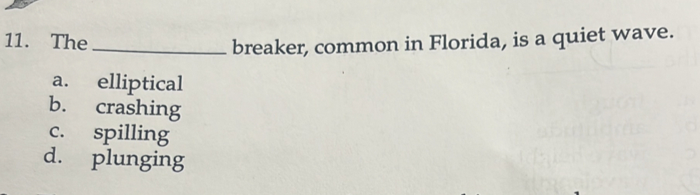 The _breaker, common in Florida, is a quiet wave.
a. elliptical
b. crashing
c. spilling
d. plunging