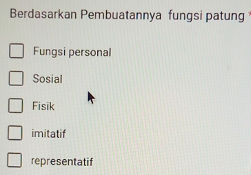 Berdasarkan Pembuatannya fungsi patung
Fungsi personal
Sosial
Fisik
imitatif
representatif