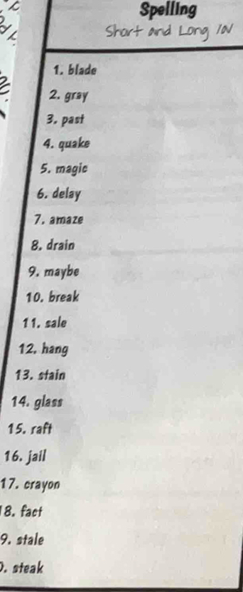 Spelling 

Shan a 
1. blade 
2. gray 
3. past 
4. quake 
5. magic 
6. delay 
7. amaze 
8. drain 
9. maybe 
10. break 
1 1. sale 
12. hang 
13. stain 
14. glass 
15. raft 
16. jail 
17. crayon 
8. fact 
9. stale 
. steak