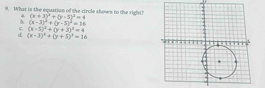 What is the equation of the circle shown to the right?
a. (x+3)^2+(y-5)^2=4
b. (x-3)^2+(y-5)^2=16
C. (x-5)^2+(y+3)^2=4
d. (x-3)^2+(y+5)^2=16