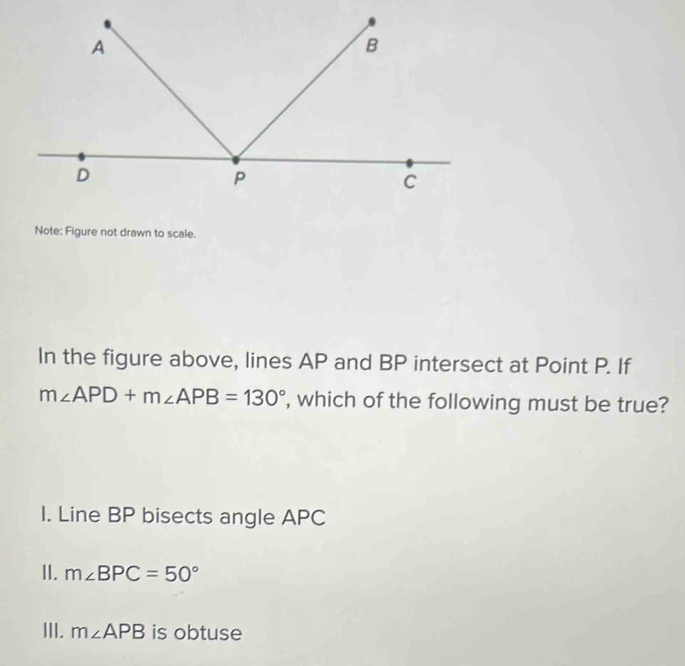 Note: Figure not drawn to scale.
In the figure above, lines AP and BP intersect at Point P. If
m∠ APD+m∠ APB=130° , which of the following must be true?
I. Line BP bisects angle APC
II. m∠ BPC=50°
III. m∠ APB is obtuse