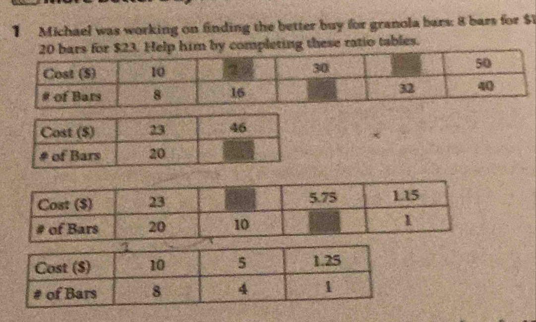 Michael was working on finding the better buy for granola bars: 8 bars for $
by completing these ratio tables.