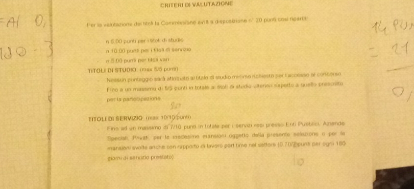 CRITERI DI VALUTAZIONE 
Per la valutazione del titeli la Commissione avrá a disposizione n° 20 ponti cosi rpartiti
n $.00 punti par i titoli di studio 
n 10.00 punti per i fitol di servizio 
n 5.00 punti per titoli van 
TiTOLI DI STUDIO: (max 5/5 punti) 
Nessun punteggio sará attribuito al títolo di studio minimo richiesto per laccesso al concorso 
Fino a un massimo di 5/5 punti in totale ai titoli di studió ulterien rispetto a quello prescritto 
per la partecipazione 
TITOLI DI SERVIZIO (max 10/10 pun) 
Fino ad un massimo di 7/10 punti in totale per i servizi resi presso Enti Pubblici. Azende 
Speciali, Prvati, per le medesime mansioni oggetto della presenté selezione e per fe 
mansioni svolte anche con rapporto di lavoro part time nel setters (0.70/2 punti per ogni 180
giomi di servizio prestato)