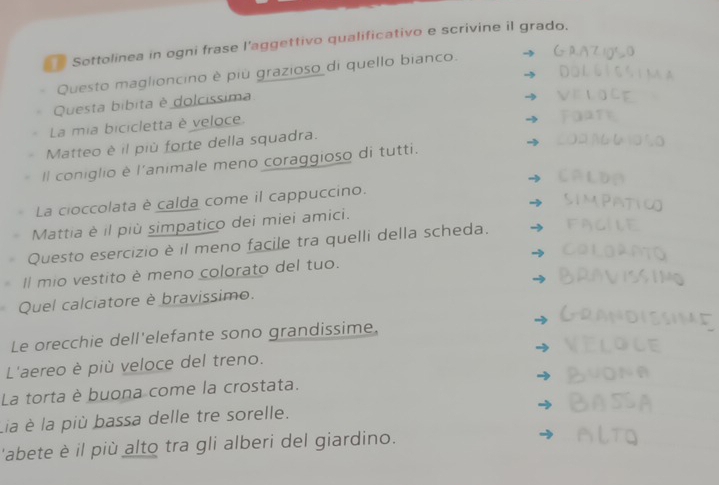 Sottolinea in ogni frase l'aggettivo qualificativo e scrivine il grado. 
Questo maglioncino è più grazioso di quello bianco. 
Questa bíbita è dolcíssima 
La mia bicicletta è veloce. 
Matteo è il più forte della squadra. 
Il coniglio è l'animale meno coraggioso di tutti. 
La cioccolata è calda come il cappuccino. 
Mattia è il più simpatico dei miei amici. 
Questo esercizio è il meno facile tra quelli della scheda. 
Il mio vestito è meno colorato del tuo. 
Quel calciatore è bravissimo. 
Le orecchie dell'elefante sono grandissime. 
L'aereo è più veloce del treno. 
La torta è buona come la crostata. 
Lia è la più bassa delle tre sorelle. 
'abete è il più alto tra gli alberi del giardino.