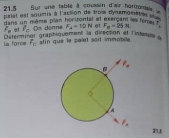 21.5  Sur une table à coussin d'air horizontale  
balet est soumis à l'action de trois dynamomètres si
dans un même plan horizontal et exerçant les for f_4
F_B et f_c On donne F_A=10N et F_B=25N.
Déterminer graphiquement la direction et l'intensité d
la force overline f_c afin que le palet soit immobile.
21.5