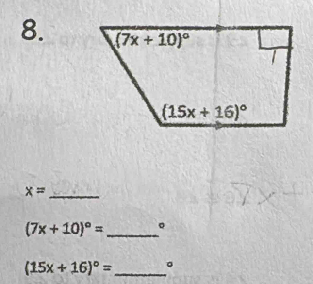 x= _
_ (7x+10)^circ =
。
_ (15x+16)^circ =
。