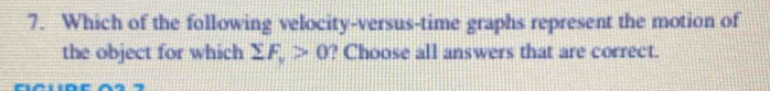 Which of the following velocity-versus-time graphs represent the motion of 
the object for which sumlimits F_y>0 ? Choose all answers that are correct.