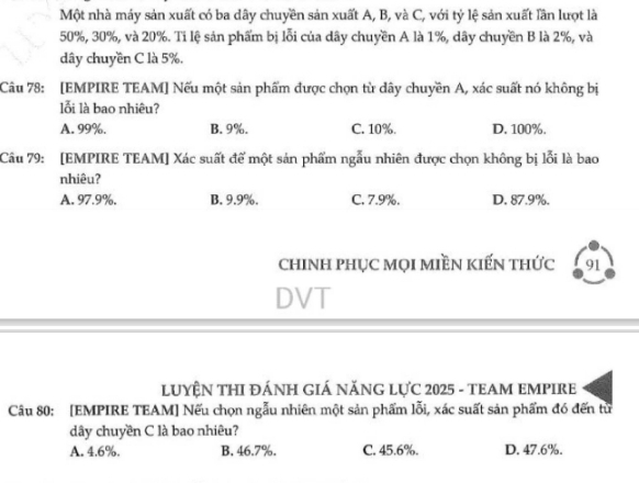 Một nhà máy sản xuất có ba dây chuyền sản xuất A, B, và C, với tỷ lệ sản xuất lần lượt là
50%, 30%, và 20%. Ti lệ sản phẩm bị lỗi của dây chuyền A là 1%, dây chuyền B là 2%, và
dây chuyền C là 5%.
Câu 78: [EMPIRE TEAM] Nếu một sản phẩm được chọn từ dây chuyền A, xác suất nó không bị
lỗi là bao nhiêu?
A. 99%. B. 9%. C. 10%. D. 100%.
Câu 79: [EMPIRE TEAM] Xác suất để một sản phẩm ngẫu nhiên được chọn không bị lỗi là bao
nhiêu?
A. 97.9%. B. 9.9%. C. 7.9%. D. 87.9%.
chINH pHỤC MọI mIềN kiếN thức 91
DVT
LUYỆN THI ĐÁNH GIÁ NĂNG LựC 2025 - TEAM EMPIRE
Câu 80: [EMPIRE TEAM] Nếu chọn ngẫu nhiên một sản phẩm lỗi, xác suất sản phẩm đó đến từ
dây chuyền C là bao nhiêu?
A. 4.6%. B. 46.7%. C. 45.6%. D. 47.6%.