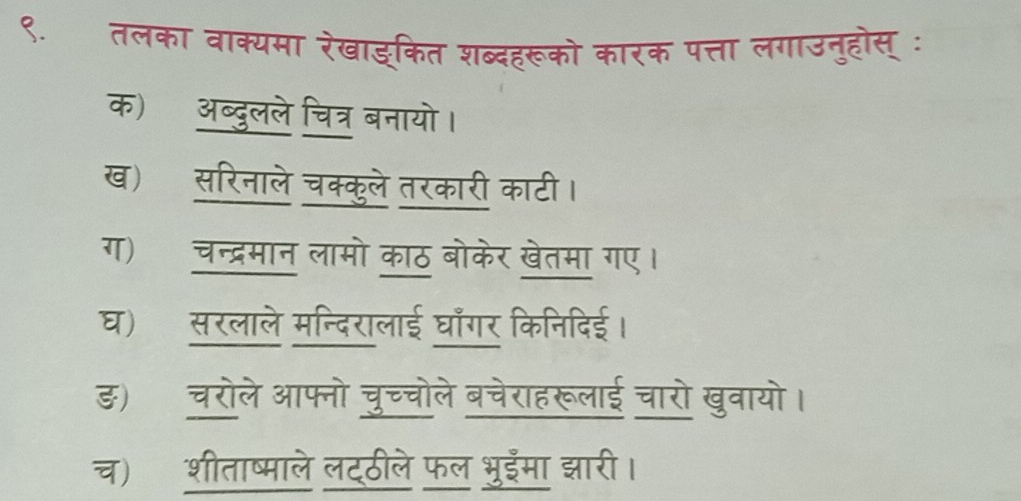 ९.तलका वाक्यमा रेखाङ्कित शब्दहरूको कारक पत्ता लगाउनुहोस् ः 
क) अब्दुलले चित्र बनायो। 
ख) सरिनाले चक्कुले तरकारी काटी। 
ग) चन्द्रमान लामो काठ बोकेर खेतमा गए। 
घ) सरलाले मन्दिरालाई घॉँगर किनिदिई। 
ड)चरोले आफ्नो चुच्चोले बचेराहरूलाई चारो खुवायो। 
च) शीताष्माले लटठीले फल भुईमा झारी।