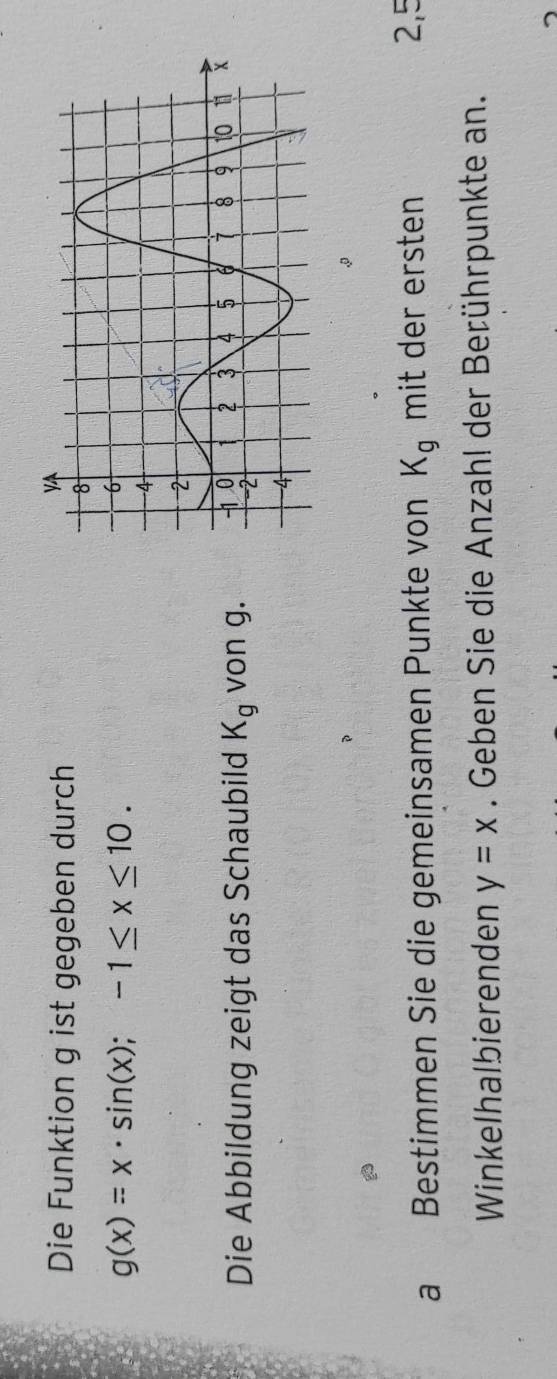 Die Funktion g ist gegeben durch
g(x)=x· sin (x); -1≤ x≤ 10. 
Die Abbildung zeigt das Schaubild K_g von g. 
a Bestimmen Sie die gemeinsamen Punkte von K_g mit der ersten
2,5
Winkelhalbierenden y=x. Geben Sie die Anzah! der Berührpunkte an.