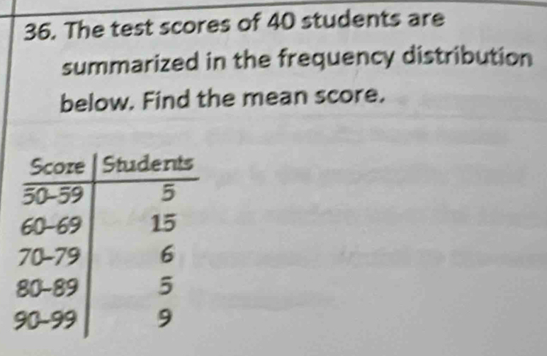 The test scores of 40 students are 
summarized in the frequency distribution 
below. Find the mean score.