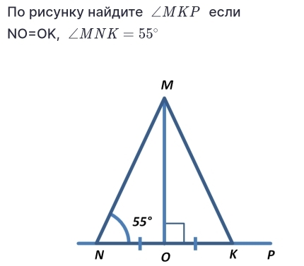 Πо рисунку найдите ∠ MKP если
NO=OK,∠ MNK=55°