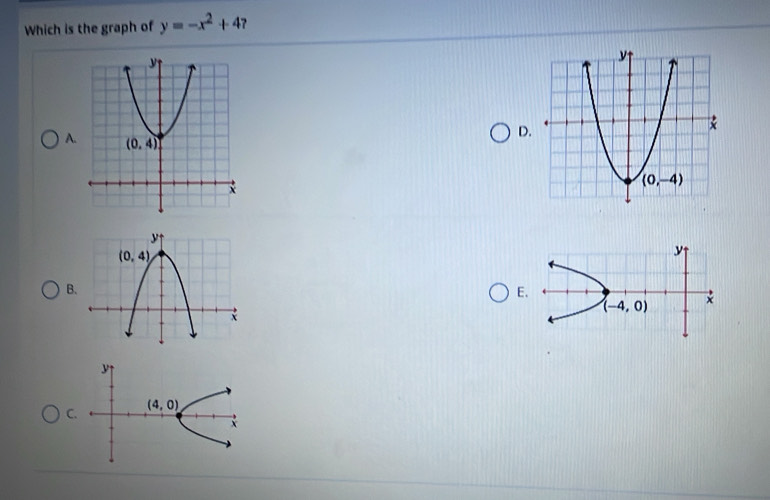 Which is the graph of y=-x^2+4
D.
A.
B
E
y
C. (4,0)
x