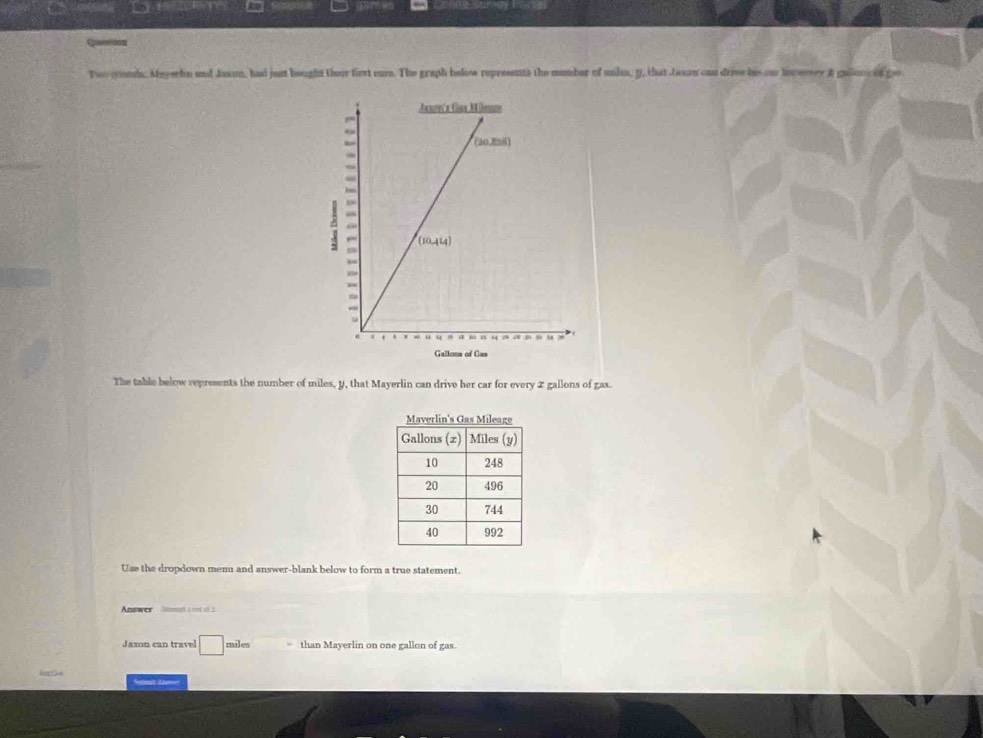 To comds. Mnyerhn and Jaxon, had just hought their first ear. The graph below represents the mumber of mila, D, that Jaxn can drivehs ow loevry A galon of goo
The table below represents the number of miles, y, that Mayerlin can drive her car for every 2 gallons of gas.
Use the dropdown menu and answer-blank below to form a true statement.
Answer lmmal s m o 2
Jaxon can travel □ : miles  than Mayerlin on one gallon of gas.