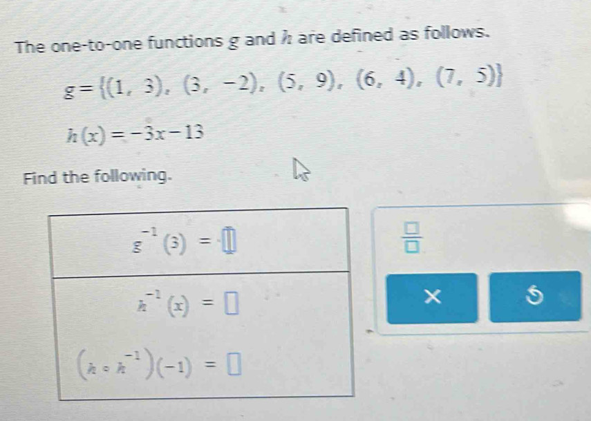 The one-to-one functions g and h are defined as follows.
g= (1,3),(3,-2),(5,9),(6,4),(7,5)
h(x)=-3x-13
Find the following.
 □ /□  