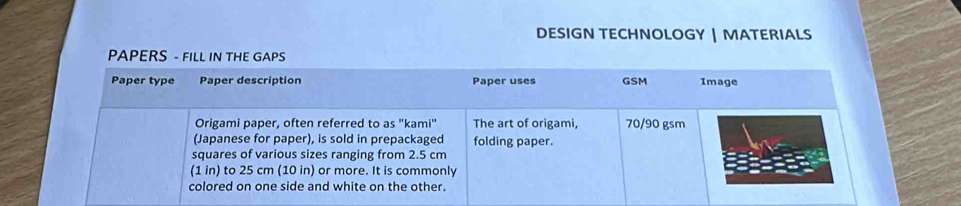 DESIGN TECHNOLOGY | MATERIALS 
PAPERS - FL IN THE PS