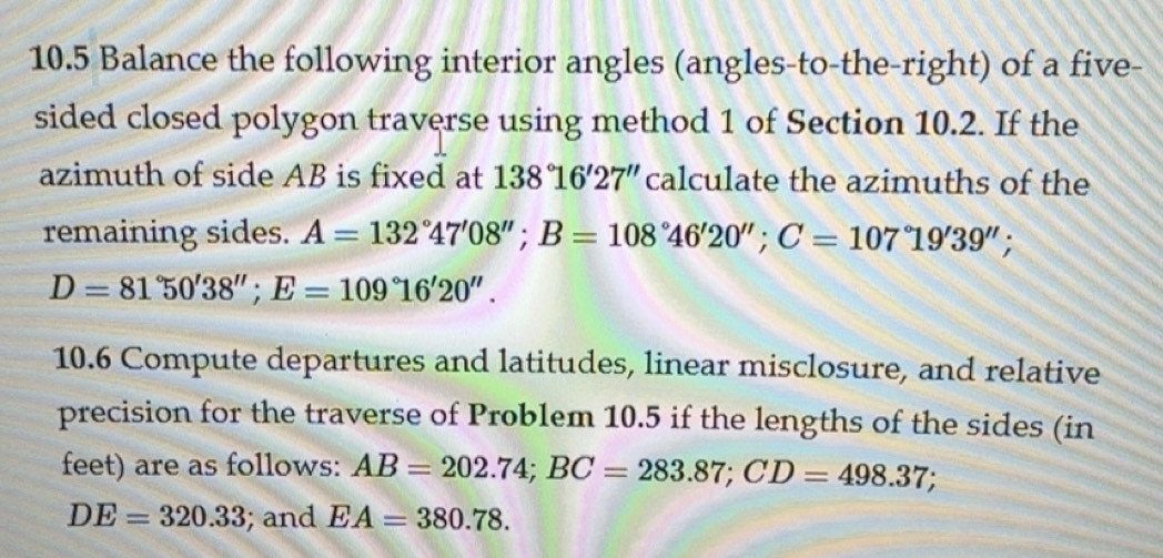 Solved: 10.5 Balance the following interior angles (angles-to-the-right ...