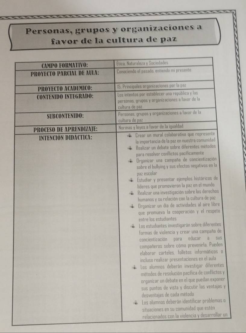 Personas, grupos y organizaciones a 
favor de la cultura de paz