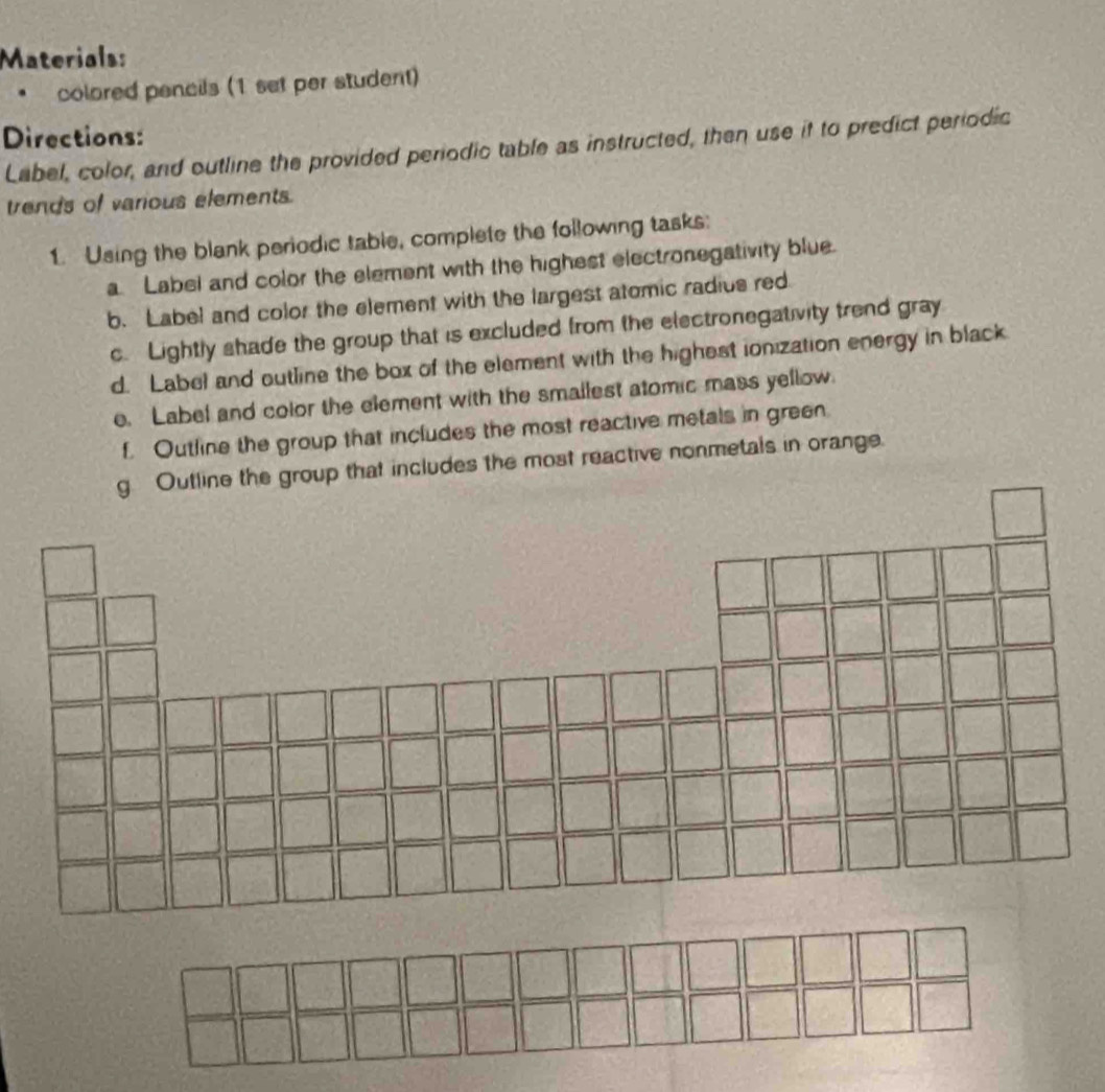 Materials: 
colored pencils (1 set per student) 
Directions: 
Label, color, and outline the provided periodic table as instructed, then use it to predict periodic 
trends of various elements. 
1. Using the blank periodic table, complete the following tasks: 
a. Label and color the element with the highest electronegativity blue. 
b. Label and color the element with the largest atomic radius red 
c. Lightly shade the group that is excluded from the electronegativity trend gray 
d. Label and outline the box of the element with the highest ionization energy in black 
e. Label and color the element with the smallest atomic mass yellow. 
f. Outline the group that includes the most reactive metals in green 
that includes the most reactive nonmetals in orange.